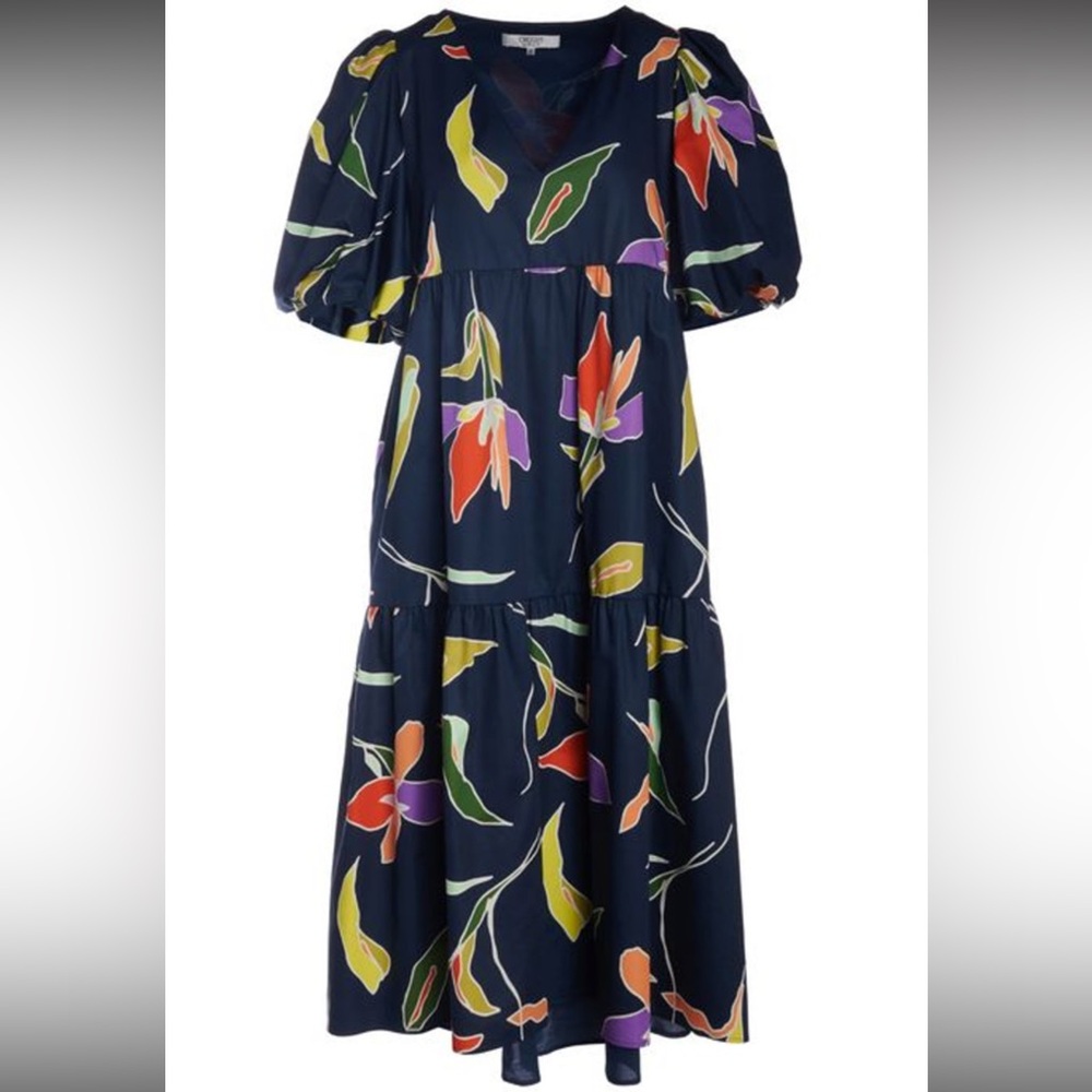 CROSBY by Mollie Burch Brawley Poplin Sundress Puff Sleeves Navy Floral EUC